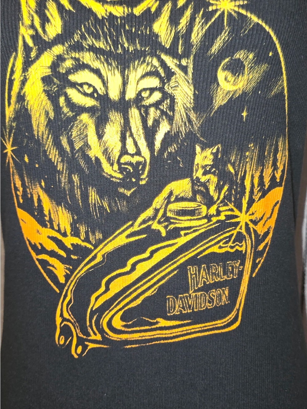 Harley-Davidson Black Tank with Golden Yellow Wolf & Motorcycle Graphic - Picture 2 of 4